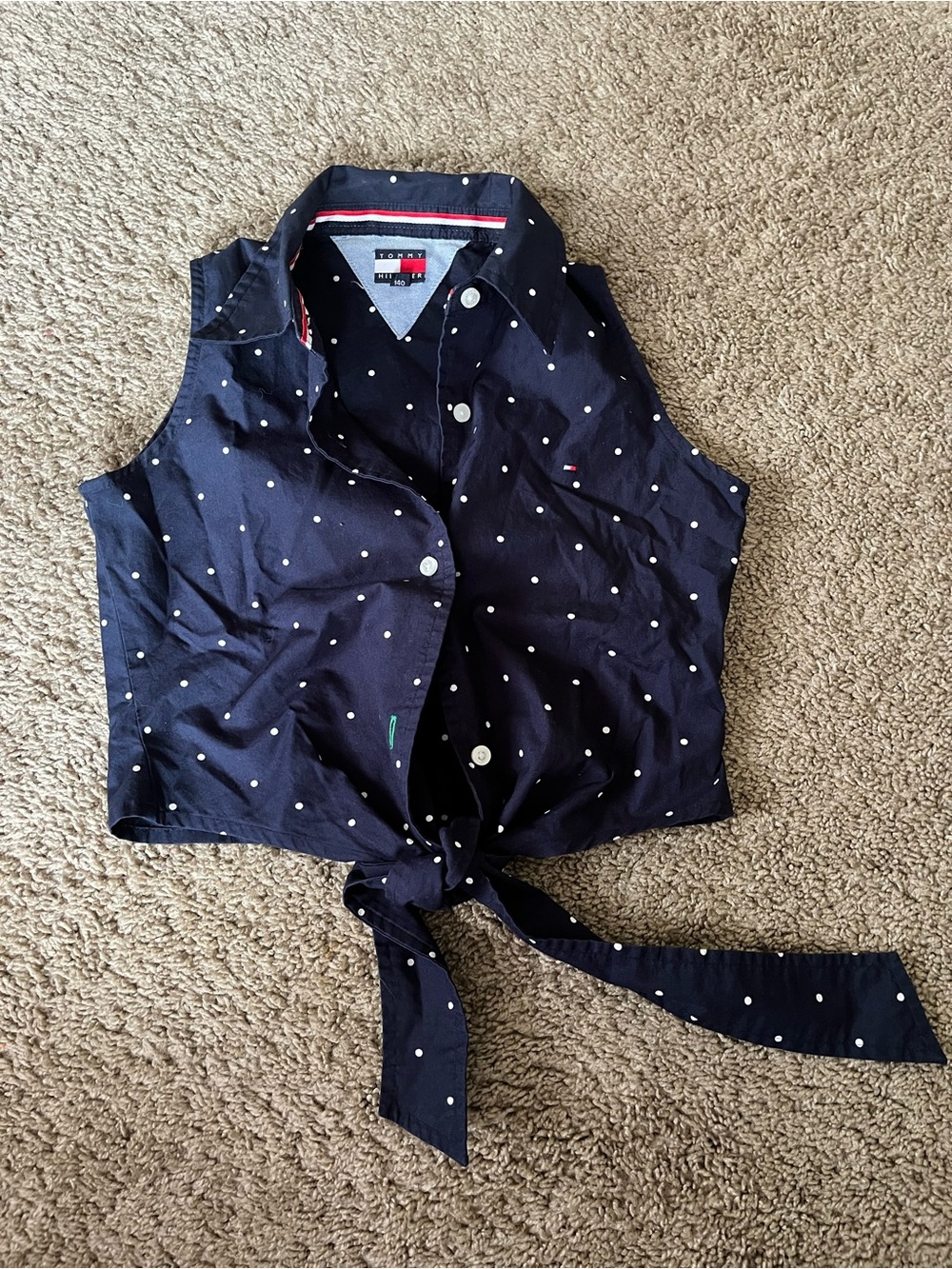 Tommy Hilfiger Navy White Polka Dot Tie-Front Sleeveless Shirt